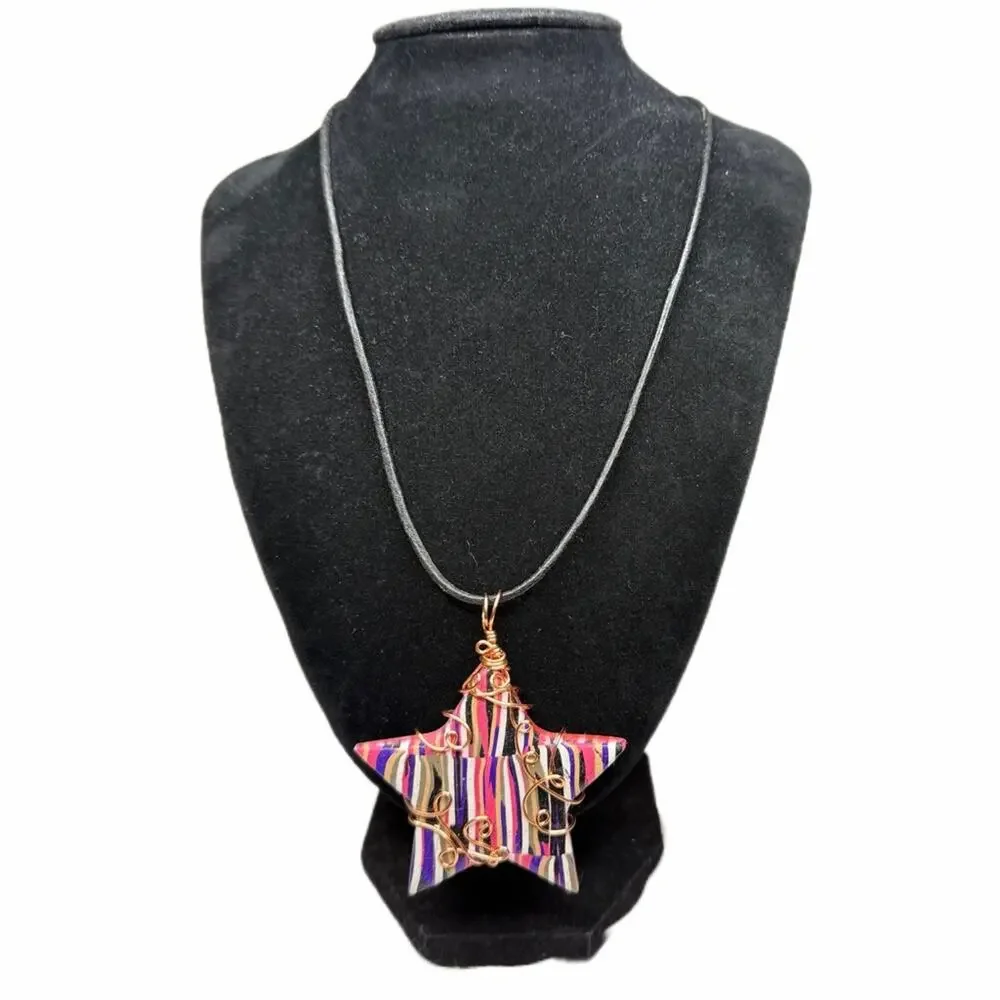 Cooper wire wrap star necklace leather cord
